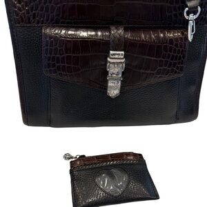 BRIGHTON Womens Black & Brown LEATHER SHOULDER BAG W/card Holder Croc Embossed